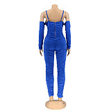 Sexy Strapless Straps Long Sleeves Solid Color Pleated Bodycon Jumpsuit AIL-199