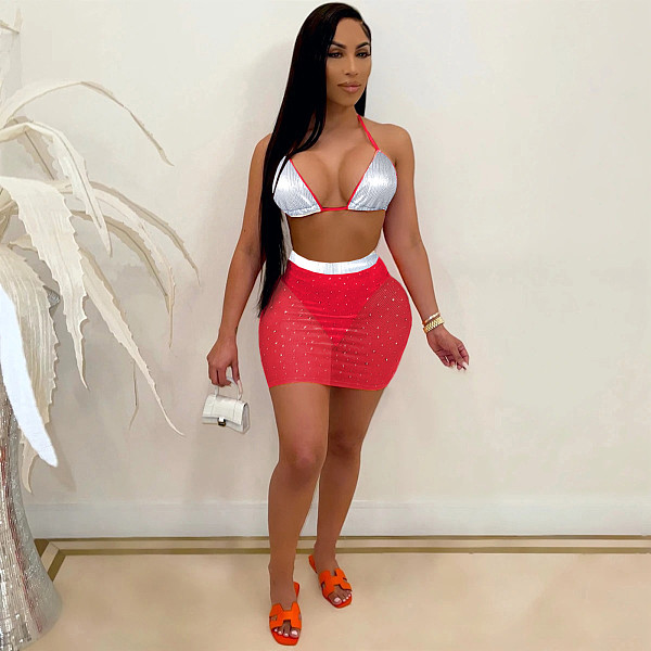 Sexy Push-up Sequins Crop Bralettes And Short Skirt 2 Pieces Sets TE-4667