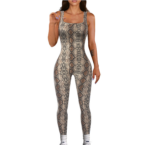 Sexy Printed Women Sleeveless Square Collar Backless Slim Sporty Jumpsuit HXZY-0379