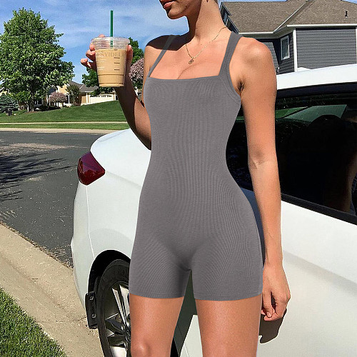 Sexy Women Low-cut Sleeveless Solid Color Slim Romper HXZY-0352
