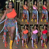 Sexy Tassel Wrap Hip Mini Skirt Single Shoulder Crop Top Two-piece Set YNS-2643