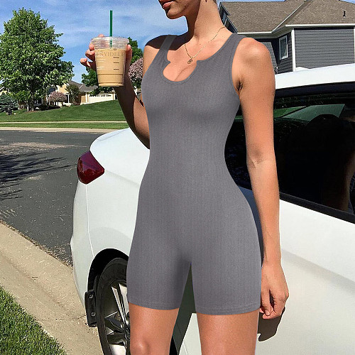 Solid Color Women Knit Vest Sleeveless Bodycon Sporty Romper HXZY-0348