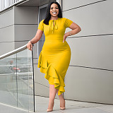 Casual Ladies Solid Color Short Sleeves Lace-up Ruffles Plus Size Dress NNWY-6054