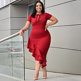 Casual Ladies Solid Color Short Sleeves Lace-up Ruffles Plus Size Dress NNWY-6054