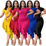 Casual Ladies Solid Color Short Sleeves Lace-up Ruffles Plus Size Dress NNWY-6054