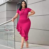 Casual Ladies Solid Color Short Sleeves Lace-up Ruffles Plus Size Dress NNWY-6054 Casual Ladies Solid Color Short Sleeves Lace-up Ruffles Plus Size Dress NNWY-6054