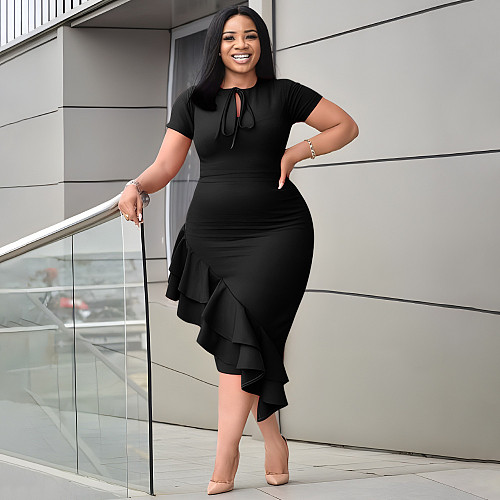 Casual Ladies Solid Color Short Sleeves Lace-up Ruffles Plus Size Dress NNWY-6054