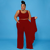 Solid Color Women Large Size Casual Three-piece Sets NNWY-7293