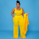 Solid Color Women Large Size Casual Three-piece Sets NNWY-7293