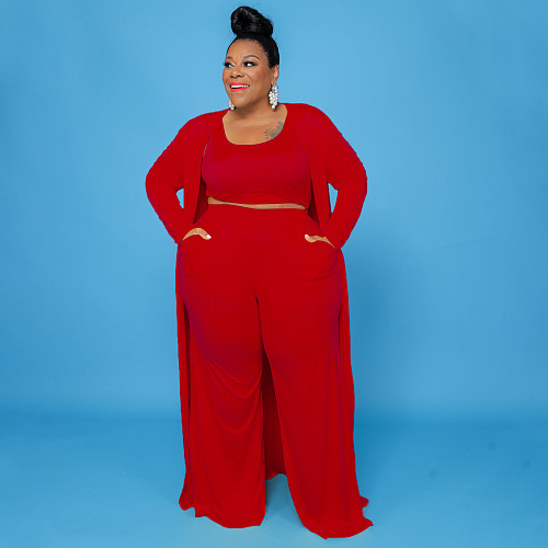 Solid Color Women Large Size Casual Three-piece Sets NNWY-7293