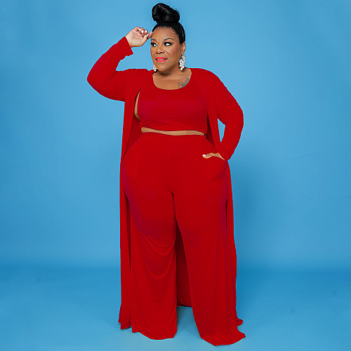 Solid Color Women Large Size Casual Three-piece Sets NNWY-7293