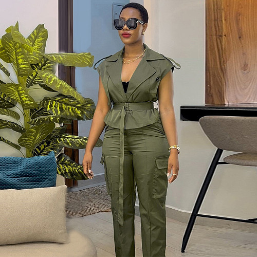 Casual Women's Lace-up Sleevless Lapel Cargo Pants Sets JR-3760