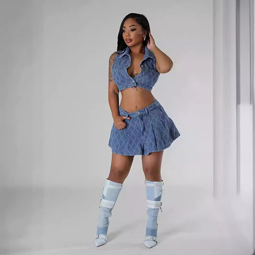Sexy Plaid Printed Women Lapel Crop Top And Short Skirt Denim Sets YUN-51095