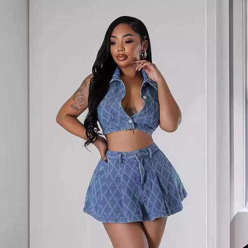 Sexy Plaid Printed Women Lapel Crop Top And Short Skirt Denim Sets YUN-51095