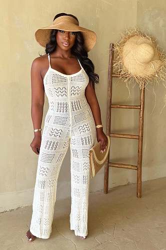 Sexy Backless Hollow Out Lace-up Knit Long Jumpsuit JP-1096