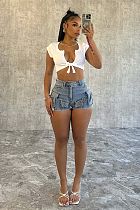 Fashion Girls Pocket Cotton Stretch Cargo Denim Shorts XT-8304