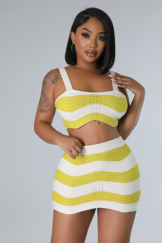Fashion Girls Square Collar Stripes Sexy Knitted High-waisted Mini Skirt Suit DY-6689