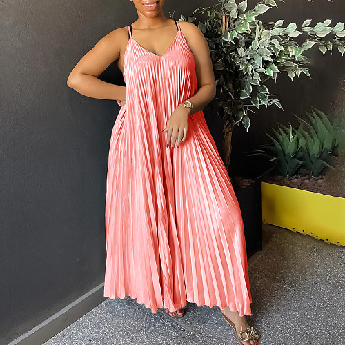 Sexy Women Straps Sleeveless Solid Color Pleated Long Summer Dress AITE-8571