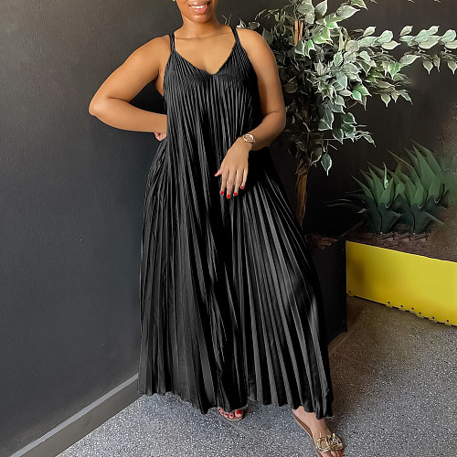 Sexy Women Straps Sleeveless Solid Color Pleated Long Summer Dress AITE-8571