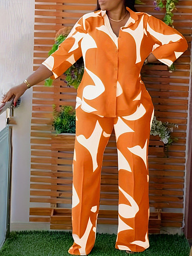 Fashion Printed Women Blouse Loose Plus Size Pants 2 Pieces Sets TB-6156