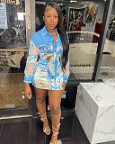 Fashion Printed Girl Denim Blouse Top And Package Hip Mini Skirt CY-1079
