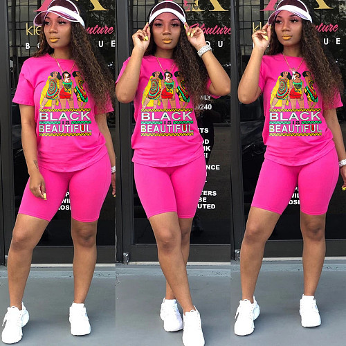Cute Alphabet Portrait Printed Leisure Two Pieces Short Set SH-3762