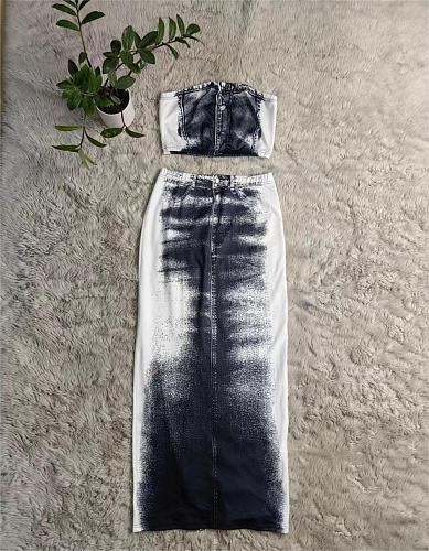 Women Print Sexy Strapless Crop Top And Split Long Skirt 2 Pieces Sets CY-1072
