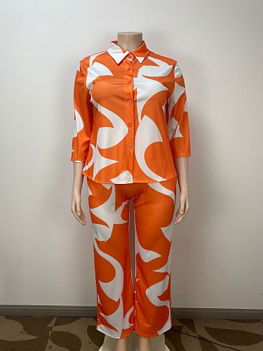 Fashion Printed Women Blouse Loose Plus Size Pants 2 Pieces Sets TB-6156