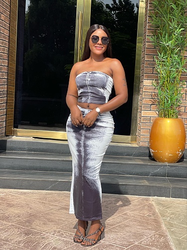 Women Print Sexy Strapless Crop Top And Split Long Skirt 2 Pieces Sets CY-1072