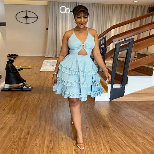 Sexy Hollow Out Backless Tiered Short Dress NY-10533