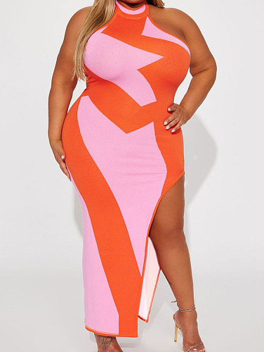 Sexy Backless Halter Women Print Sleeveless Split Plus Size Long Dress TB-6131
