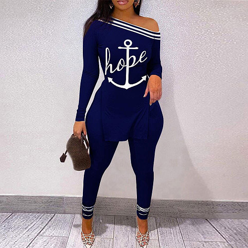 Slash Neck Side Slit T Shirt Pencil Pants Outfits NY-10280