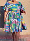 Summer Women Printed Square Collar  Batwing Sleeve Hem Plus Size Dress TB-6142