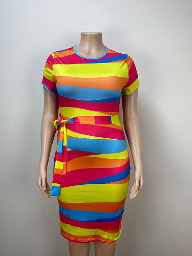 Colorful Stripes Women Short Sleeves Sim Large Size Dresses TB-6120