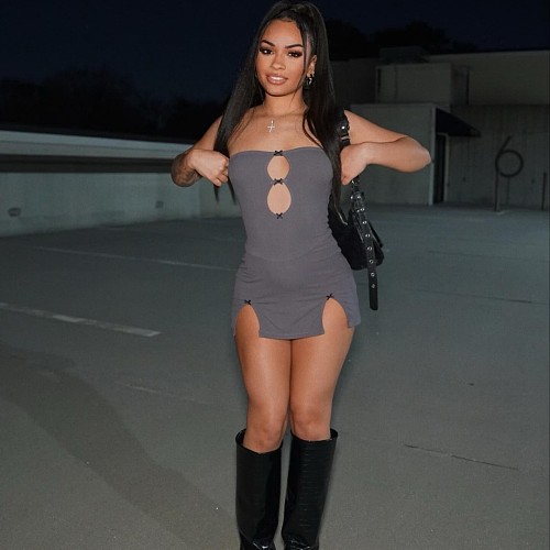 Sexy Strapless Hollow-out Sleeveless Split Mini Club Dress Gray PY-9268