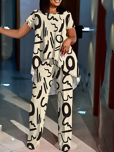 Casual Printed Women Round Neck Loose Tops And Long Pants Large Size Sets TB-6157