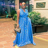 Blue Point Print Lace-up Sleeveless Plus Size Floor-length Maxi Dress NY-10516