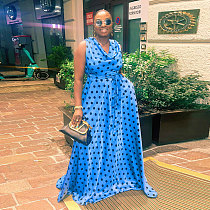 Blue Point Print Lace-up Sleeveless Plus Size Floor-length Maxi Dress NY-10516