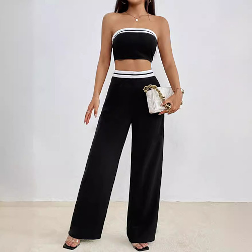 Black Sexy Strapless Crop Top And Long Pants Casual 2 Pieces Suits PY-90542