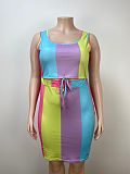 Colorful Stripes Women Slim Package Hips Large Size Skirts 2 Pieces Sets TB-6177