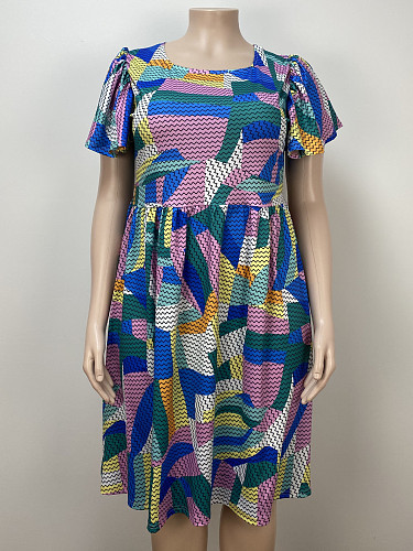 Summer Women Printed Square Collar  Batwing Sleeve Hem Plus Size Dress TB-6142