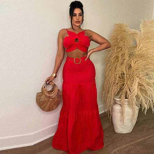 Sexy Backless Crop Top With Hem Long Skirt 2 Pieces Sets NY-10535