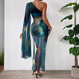 Summer Women Print Single Shoulder Hem Split Maxi Dress PY-90514