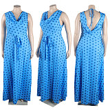 Blue Point Print Lace-up Sleeveless Plus Size Floor-length Maxi Dress NY-10516