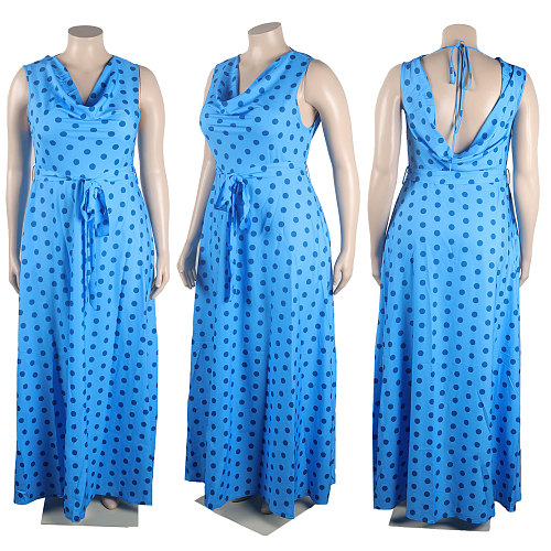 Blue Point Print Lace-up Sleeveless Plus Size Floor-length Maxi Dress NY-10516