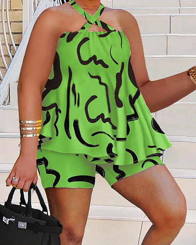 Summer Printing Halter Backless 2 Piece Shorts Set NY-10445