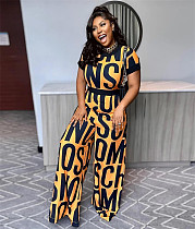 Letter Print Streetwear Short Sleeve Wide Leg Jumpsuits NY-10226