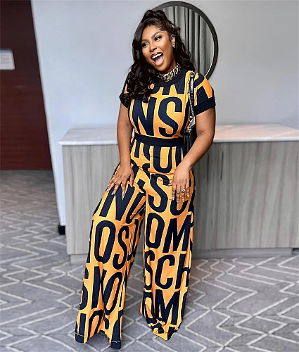 Letter Print Streetwear Short Sleeve Wide Leg Jumpsuits NY-10226