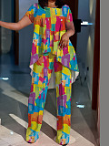 Casual Printed Women Round Neck Loose Tops And Long Pants Large Size Sets TB-6157
