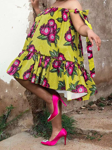 Fashion Girl Flower Print Straps Lace-up Plus Size Short Summer Dress TB-6104